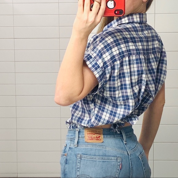 Madewell plaid open back baggy shoulder denim top - Picture 3 of 8